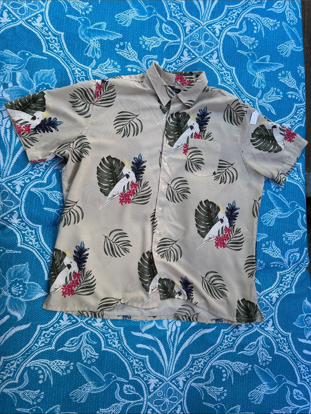 CROFT & BARROW men’s XXL Hawaiian shirt Green Leaf Print with birds